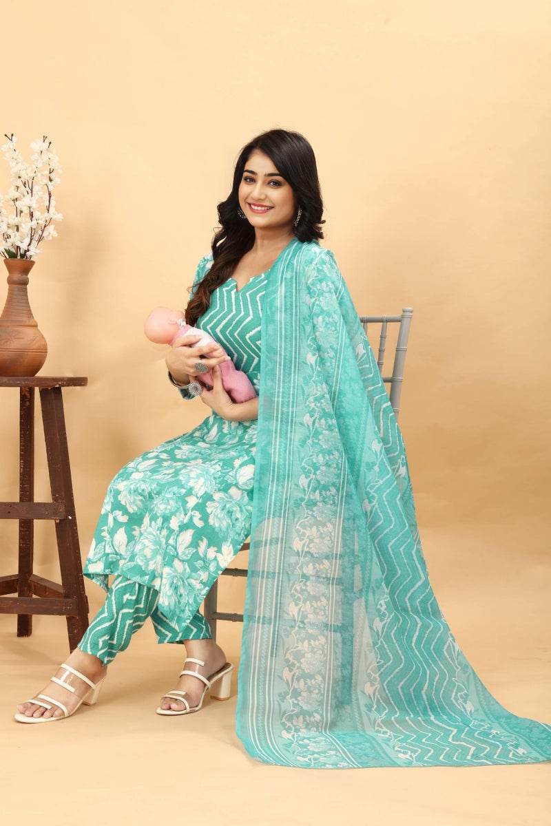 ASSUME FAB Women Maternity Kurta Set with Dupatta for Women | Nursing/Feeding Zip | Soft Rayon Ethnic Wear for Pregnancy & Postpartum(Large Rama - Image 3