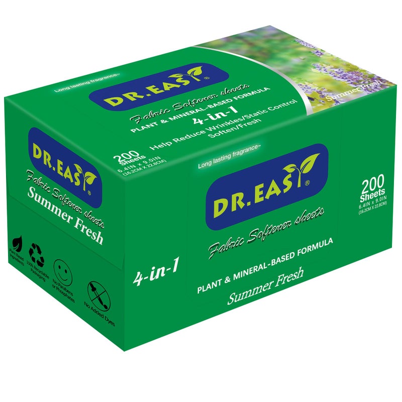 DR. EASY DR.EASY SUMMER FRESH Dryer Sheets Plant Based Formula 200 Ct Fabric Softener sheets for Laundry Essential Oil Scented No Artificial Fragrances No Dyes Reduce Static & Wrinkles Help Repel Pet Hair - Image 1