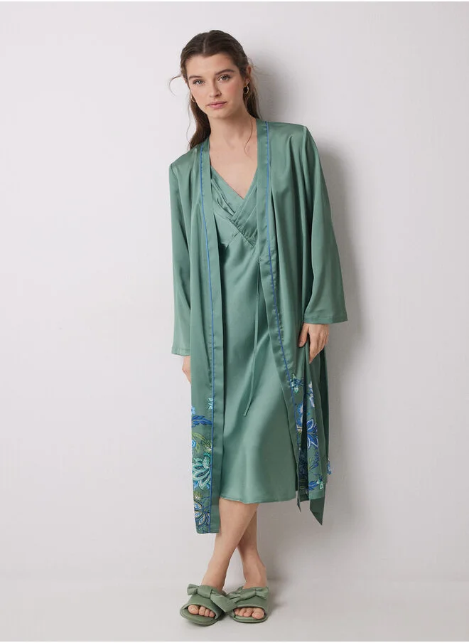 women'secret Green satin midi robe with flowers