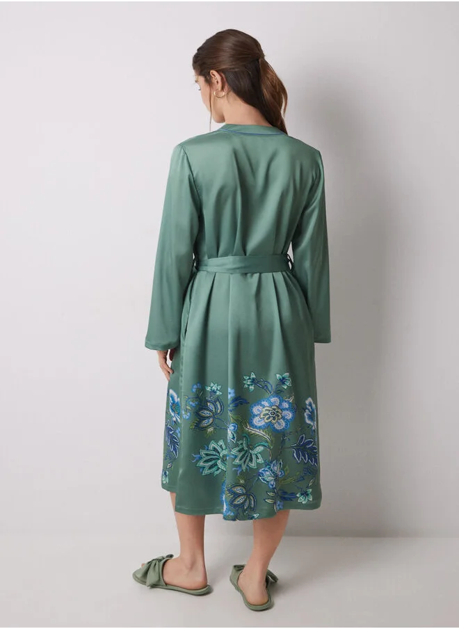women'secret Green satin midi robe with flowers