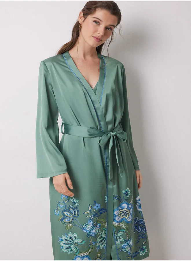 women'secret Green satin midi robe with flowers