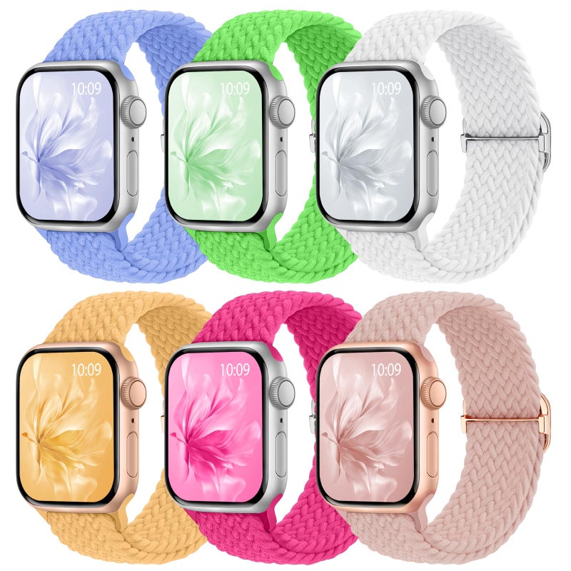 Knossen 6 Pack Braided Stretchy Bands Compatible with Apple Watch Band 38mm 40mm 41mm 42mm 44mm 45mm 46mm 49mm Women Men, Adjustable Nylon Solo Loop Elastic Straps for iWatch Series 11 10 9 8 7 6 5 4 SE Ultra - Image 1