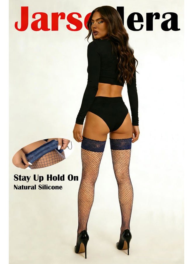 JarseHera Fishnets Thigh High stockings Silicone Lace Top Stay Up Sheer Nylon Hosiery, 1 Pair,navy, L-XL - Image 4