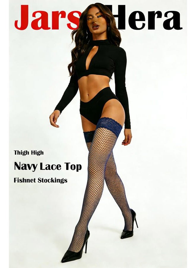 JarseHera Fishnets Thigh High stockings Silicone Lace Top Stay Up Sheer Nylon Hosiery, 1 Pair,navy, L-XL - Image 3