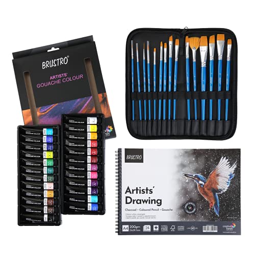 BRUSTRO Artists Gouache Colour Paint Set of 24x12ml With Synthetic Brush Set of 15,Short Handle and Drawing Pad (200GSM,Wiro Bound,A4,24 Sheets)|Ideal for Wet and Dry Media on Paper,Canvas - Image 1