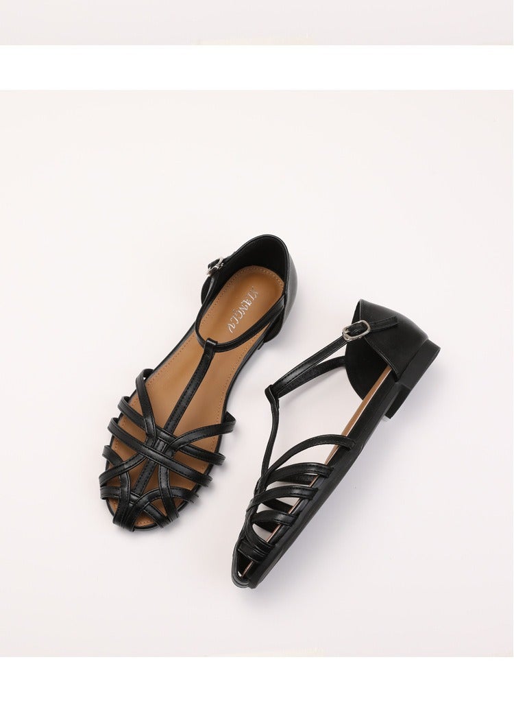 SIKETU 2025 New Knitted Hollow Flat Sandals Women's One Button Fashion Roman Sandals - Image 2
