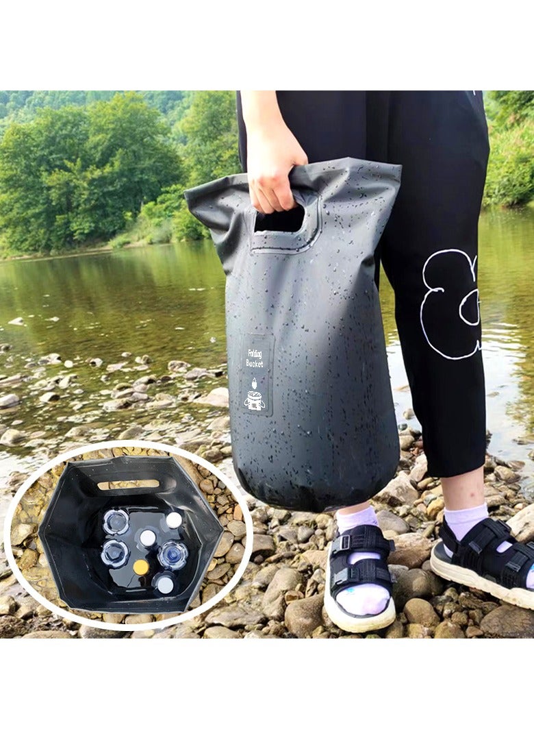 دلو قابل للطي للخارج، دلو تخييم مريح لرحلات النزهة وصيد السمك، دلو للسفر، دلو متعدد الوظائف لنقع القدم، دلو ماء سعة 20 لتر باللون الأسود - Image 2