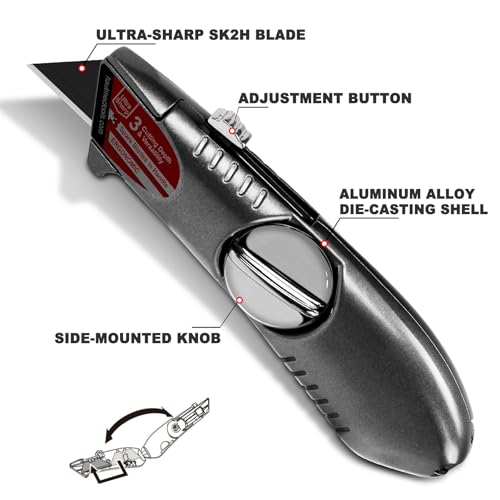 HAUTMEC Heavy-Duty Retractable Utility Knife, Aluminum Box Cutter with 3-Position Fixed Cutting Depth, Quick-Change Blade Design, Ergonomic Grip, Includes 4 SK2H Blades – HT0247 - Image 2