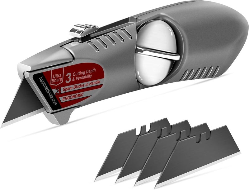HAUTMEC Heavy-Duty Retractable Utility Knife, Aluminum Box Cutter with 3-Position Fixed Cutting Depth, Quick-Change Blade Design, Ergonomic Grip, Includes 4 SK2H Blades – HT0247 - Image 1