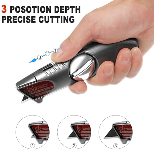 HAUTMEC Heavy-Duty Retractable Utility Knife, Aluminum Box Cutter with 3-Position Fixed Cutting Depth, Quick-Change Blade Design, Ergonomic Grip, Includes 4 SK2H Blades – HT0247 - Image 5
