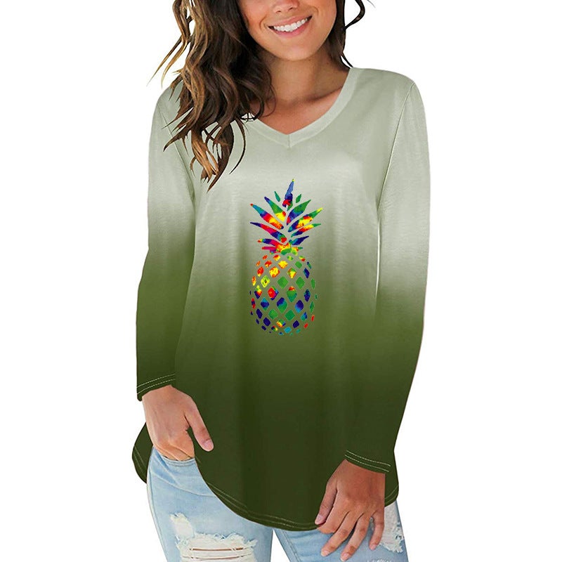 2020 New Gradient Color Pineapple Print Irregular Hem Women'S V-Neck Long Sleeve T-Shirt - Image 1
