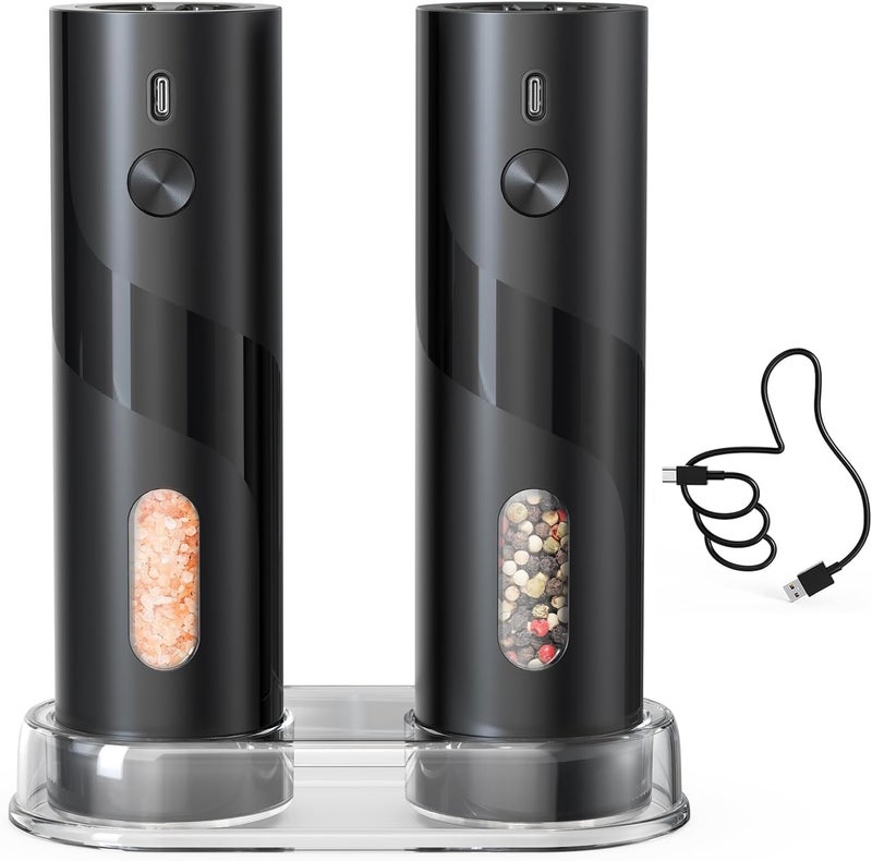 CircleJoy Rechargeable Electric Salt and Pepper Grinder Set with Base, Automatic Pepper Mill Grinders with 110ml Container, Adjustable Coarseness and White LED Light, Black - Image 1