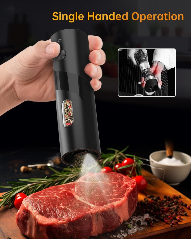 CircleJoy Rechargeable Electric Salt and Pepper Grinder Set with Base, Automatic Pepper Mill Grinders with 110ml Container, Adjustable Coarseness and White LED Light, Black - Image 4