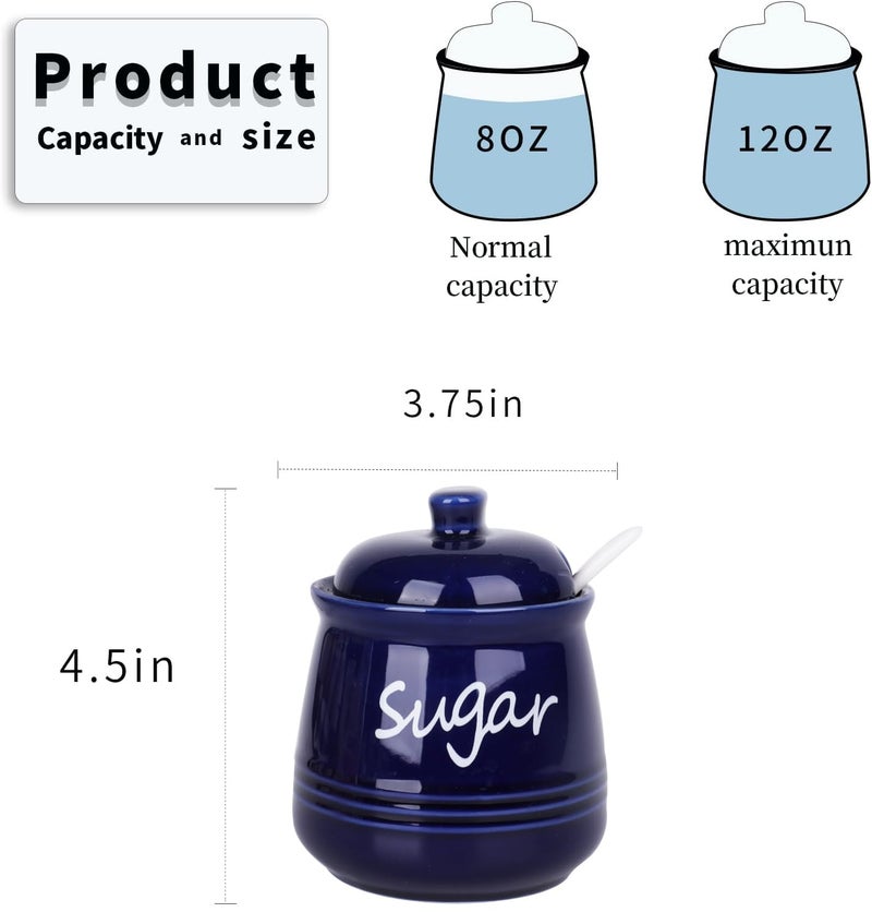 HAOTOP 12oz Sugar Bowl with Lid and Spoon,Ceramic Sugar Jar Sugar Dispenser Sugar Container Coffee Bar Accessories, Kitchen Countertop Canisters, Navy - Image 2