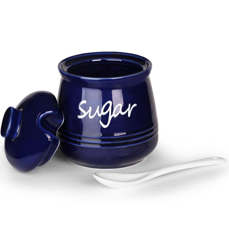 HAOTOP 12oz Sugar Bowl with Lid and Spoon,Ceramic Sugar Jar Sugar Dispenser Sugar Container Coffee Bar Accessories, Kitchen Countertop Canisters, Navy - Image 1