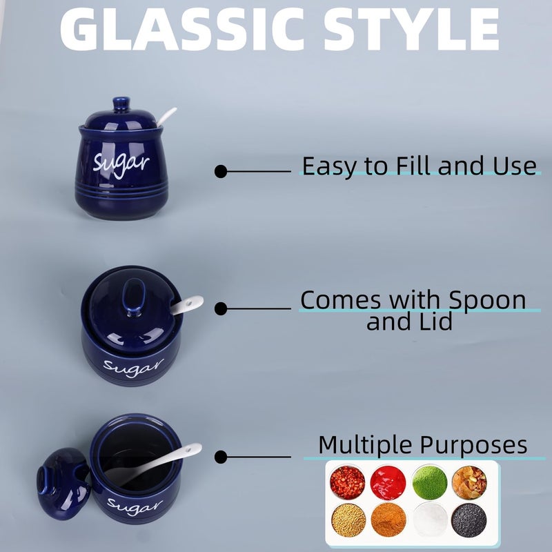 HAOTOP 12oz Sugar Bowl with Lid and Spoon,Ceramic Sugar Jar Sugar Dispenser Sugar Container Coffee Bar Accessories, Kitchen Countertop Canisters, Navy - Image 4