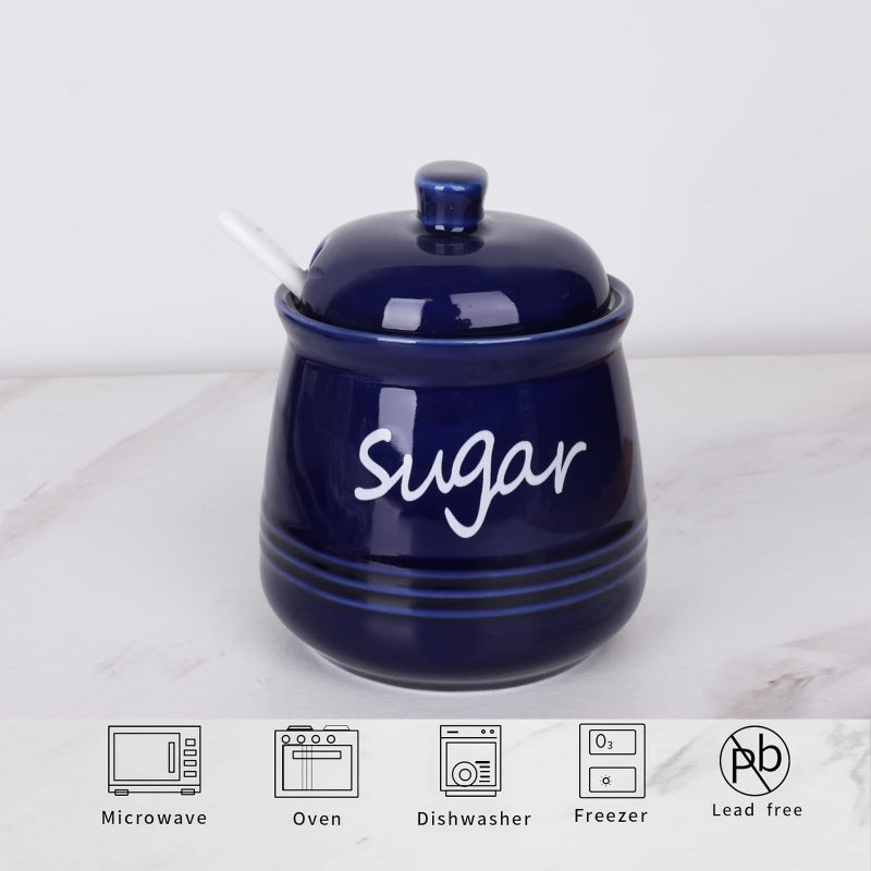 HAOTOP 12oz Sugar Bowl with Lid and Spoon,Ceramic Sugar Jar Sugar Dispenser Sugar Container Coffee Bar Accessories, Kitchen Countertop Canisters, Navy - Image 3