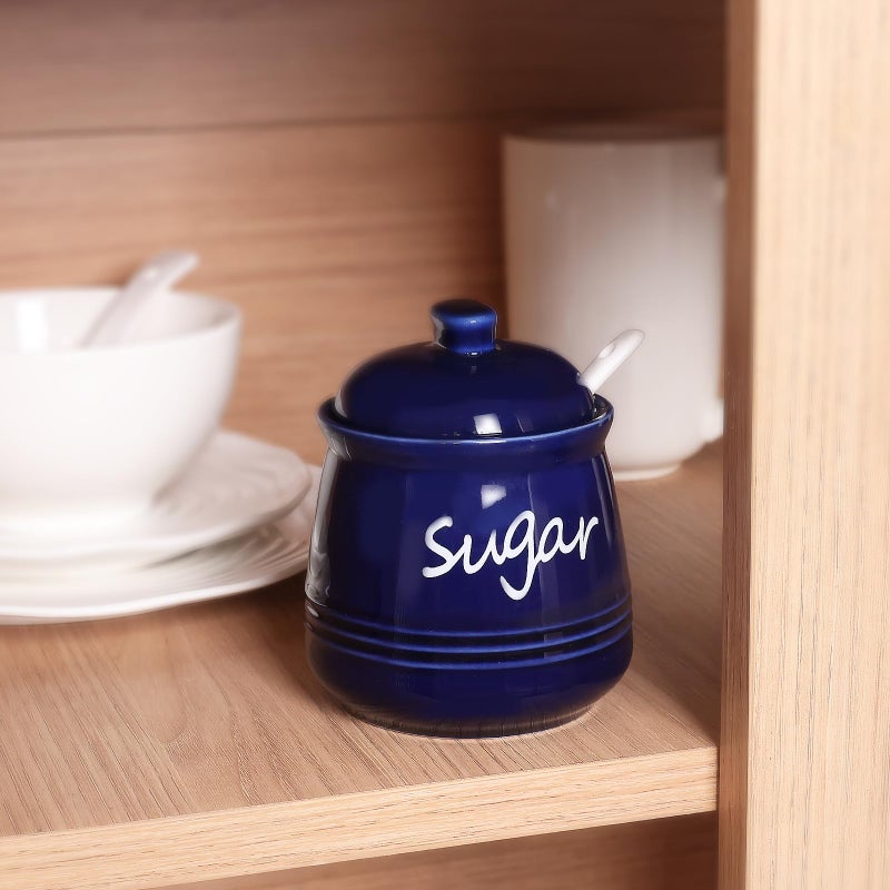 HAOTOP 12oz Sugar Bowl with Lid and Spoon,Ceramic Sugar Jar Sugar Dispenser Sugar Container Coffee Bar Accessories, Kitchen Countertop Canisters, Navy - Image 5
