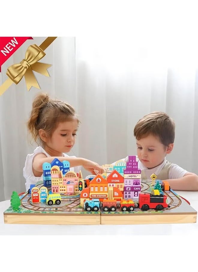XiuWoo Deluxe Wooden Train & City Building Block Set, Portable Educational Toy for Toddlers & Kids Ages 3+, Assembling building blocks, Fun Learning & Gift for Boys & Girls  - Image 4