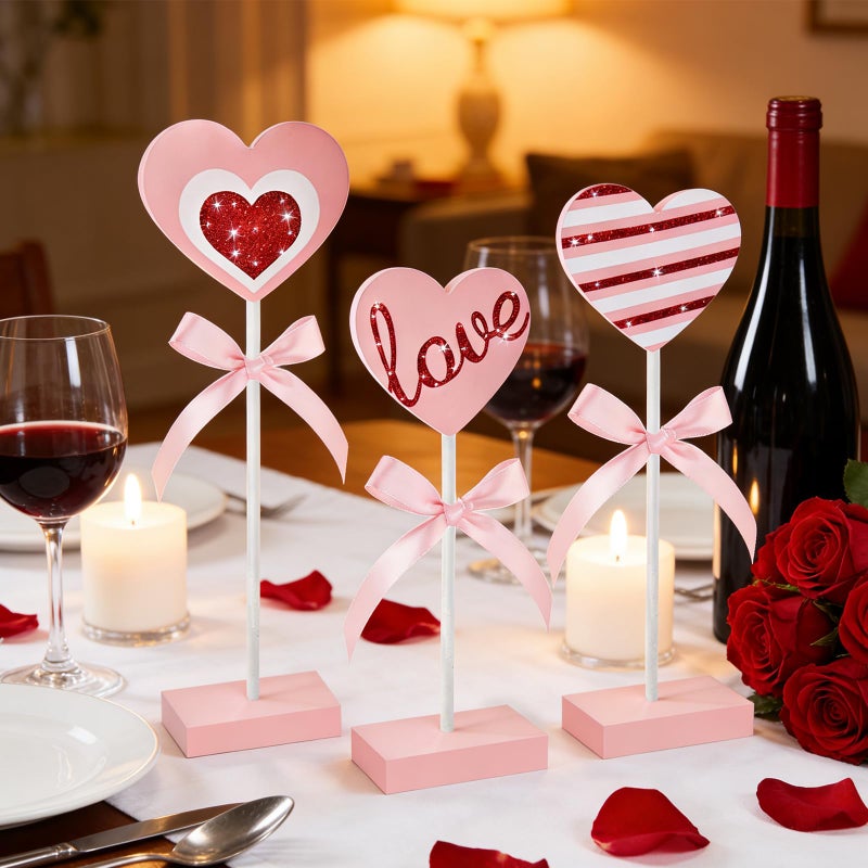 Cherica 3 Pcs Valentine's Day Wooden Sign Tiered Tray Decorations for Home Decor, Valentine Pink Red Wooden Heart Decorations Love Sign Table Decor for Wedding Party Valentines Decor Centerpiece - Image 5