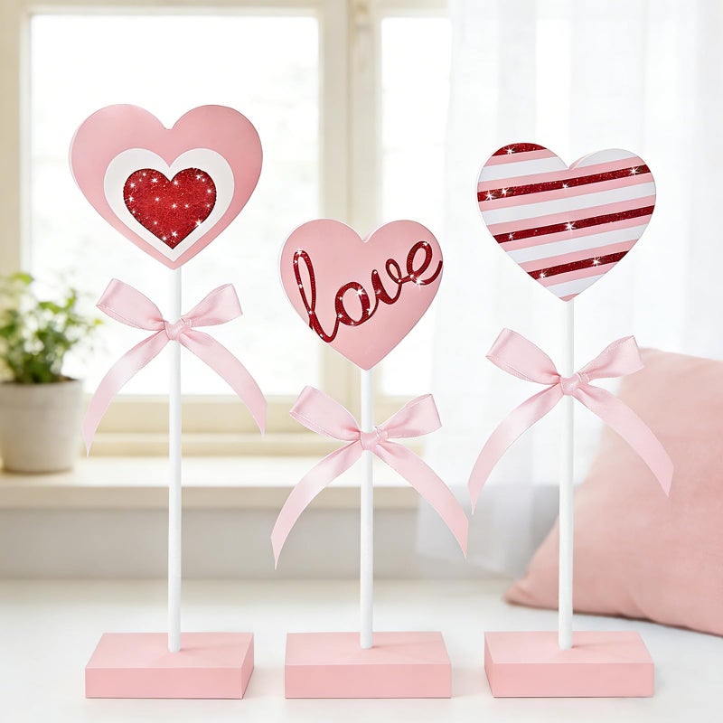 Cherica 3 Pcs Valentine's Day Wooden Sign Tiered Tray Decorations for Home Decor, Valentine Pink Red Wooden Heart Decorations Love Sign Table Decor for Wedding Party Valentines Decor Centerpiece - Image 1