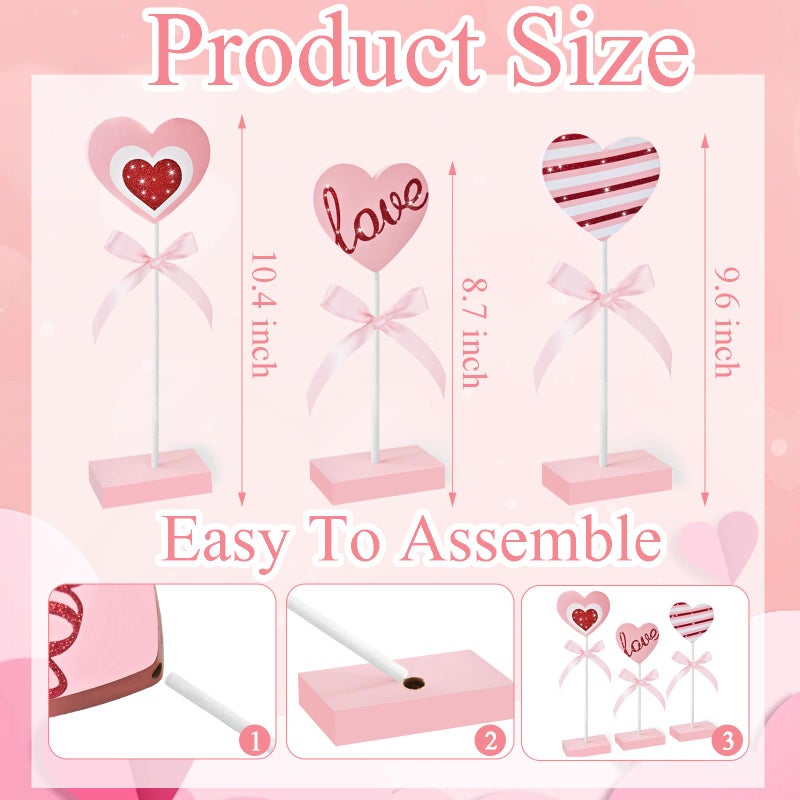 Cherica 3 Pcs Valentine's Day Wooden Sign Tiered Tray Decorations for Home Decor, Valentine Pink Red Wooden Heart Decorations Love Sign Table Decor for Wedding Party Valentines Decor Centerpiece - Image 4
