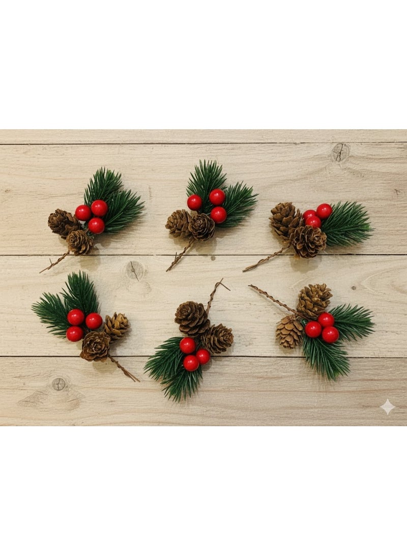 كيس زينة شجرة احتفالية – 6 قطع بتصميم كريز وصنوبر طبيعي – لمسة ديكور فاخرة - Image 4