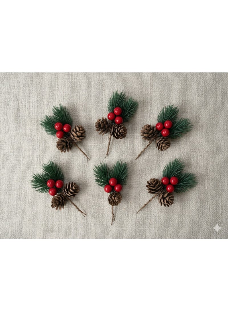 كيس زينة شجرة احتفالية – 6 قطع بتصميم كريز وصنوبر طبيعي – لمسة ديكور فاخرة - Image 1