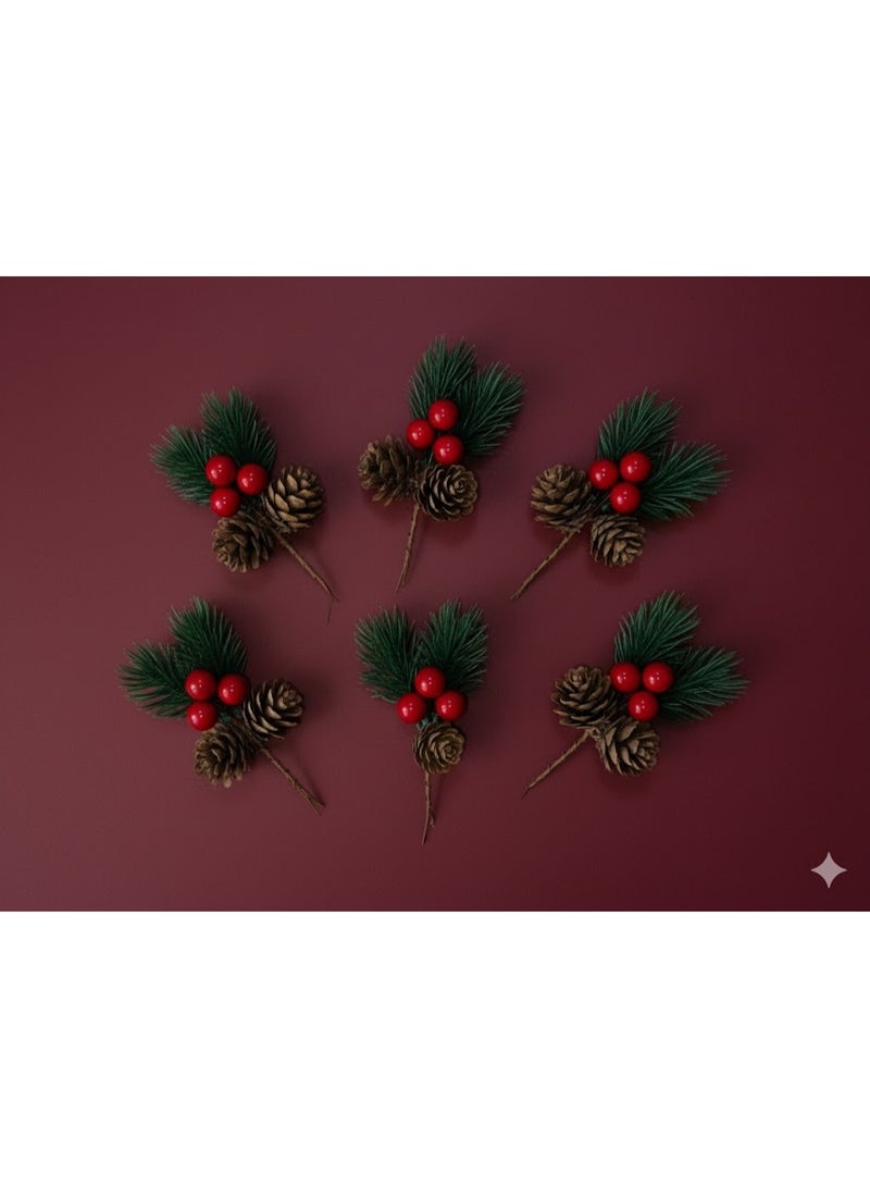 كيس زينة شجرة احتفالية – 6 قطع بتصميم كريز وصنوبر طبيعي – لمسة ديكور فاخرة - Image 2