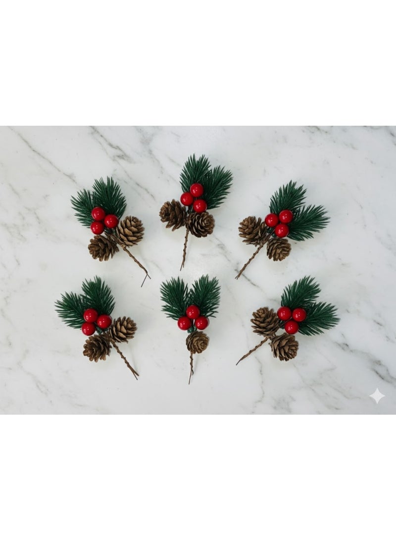 كيس زينة شجرة احتفالية – 6 قطع بتصميم كريز وصنوبر طبيعي – لمسة ديكور فاخرة - Image 3