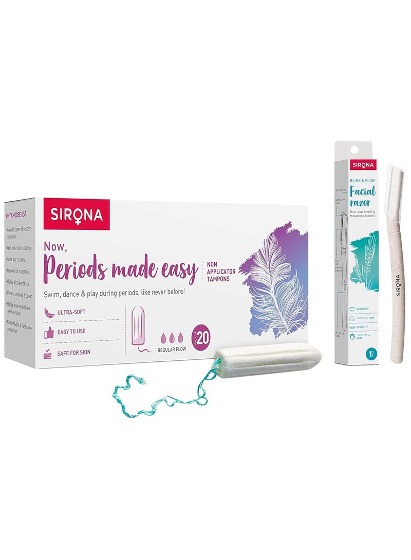 Sirona Period Made Easy Tampons - 20 Piece & Sirona Reusable Blink & Glow Face Razor for Women - 1 Razor - Image 1