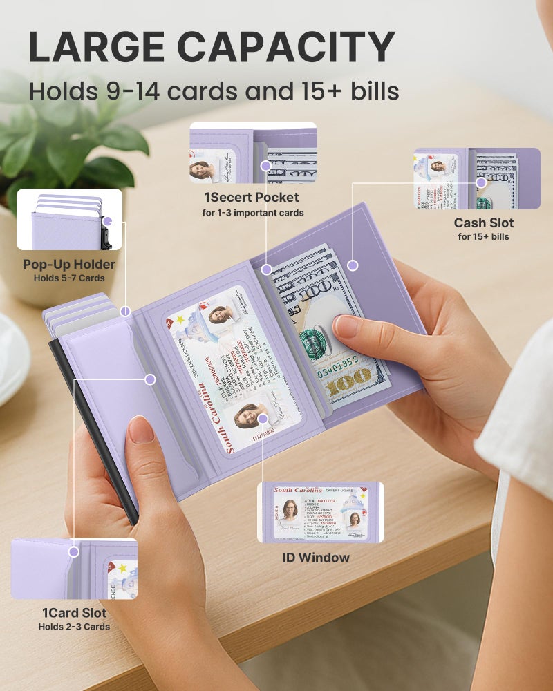 typecase Womens Wallet Card Holder: Pop Up Card Case, Genuine Leather, RFID Blocking, Slim, Minimalist, Thin, Small Size - 9-14 Card Capacitiy, ID Window, Cash Pocket (Ligtht Purple) - Image 3