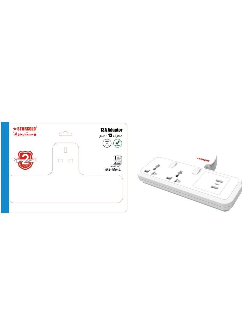 Stargold Multiple cord Extension Set Overload Protector Electric Charging Lead 2 Way Ac Output with 2 USB and 1 USB-C Port Anti-Fire 750⁰C, 13A Heavy Duty Charging Station- White  - Image 2