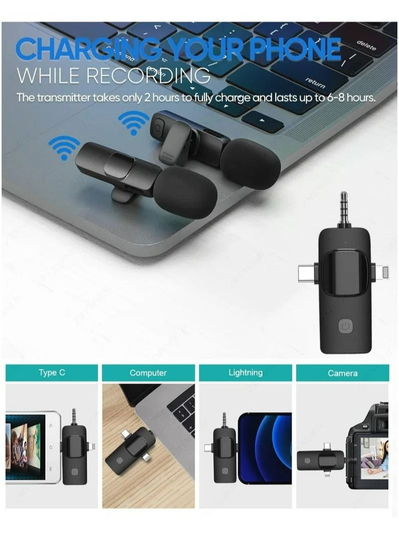 Wireless collar clip microphone for recording videos, suitable for Typc-C interface+Apple interface+Android interface, with clear and impurity free sound