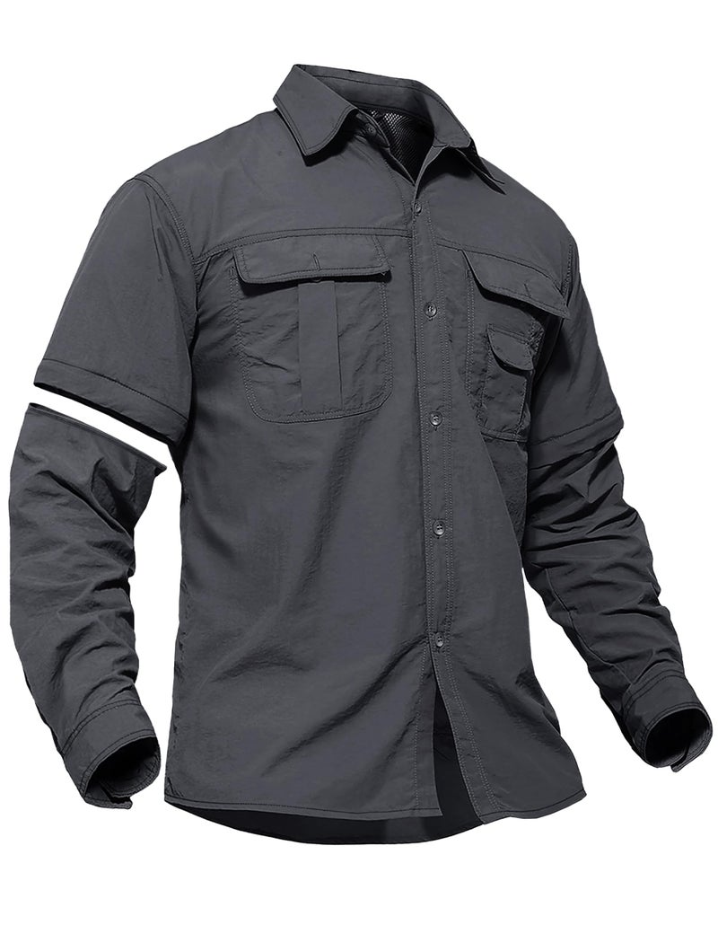 TACVASEN Men's Long Sleeve Tactical Shirts with Pocket Dry Fit Cooling Button Up Safari Shirts for Outdoor Work Hiking Gray, L - Image 1