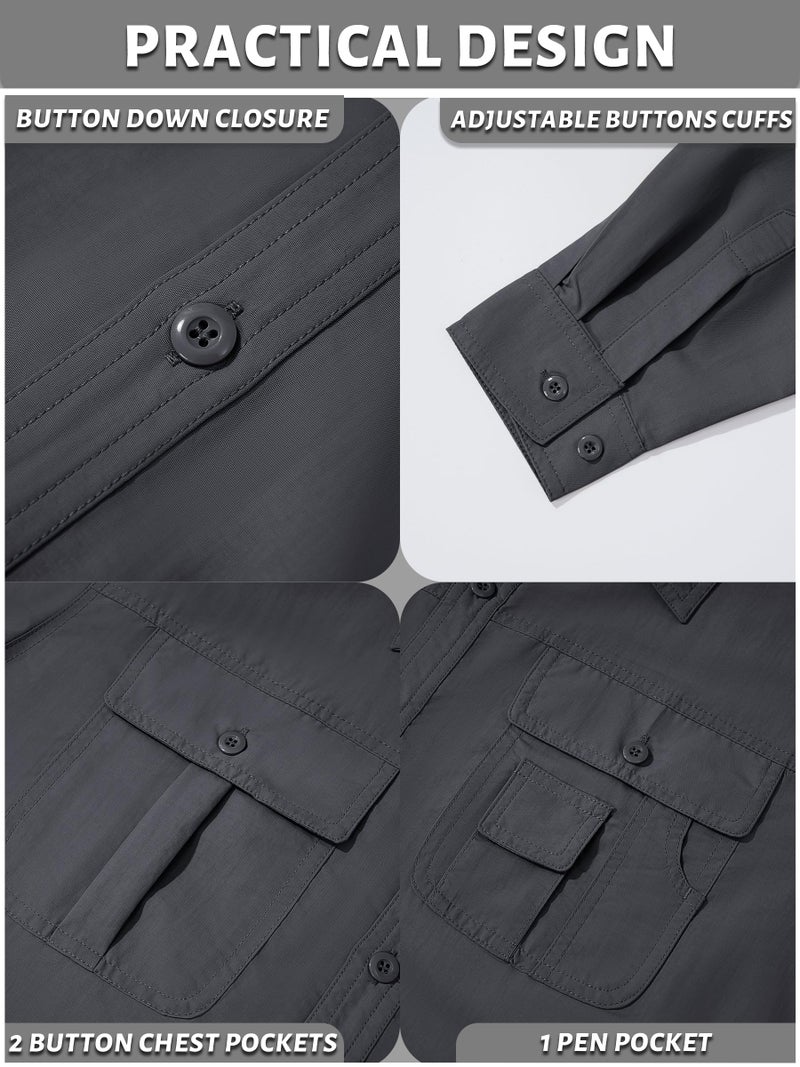 TACVASEN Men's Long Sleeve Tactical Shirts with Pocket Dry Fit Cooling Button Up Safari Shirts for Outdoor Work Hiking Gray, L - Image 4