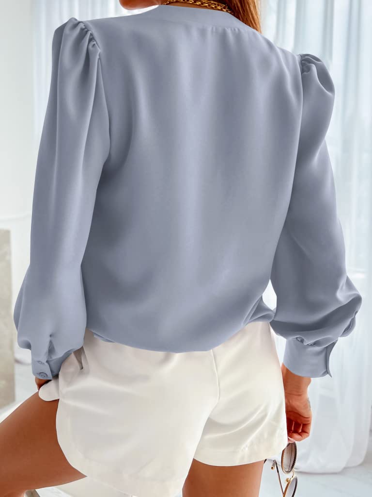 Flowyair Women's Business Casual Tops Summer Long Sleeve Button Down Shirts V Neck Chiffon Blouses - Image 2