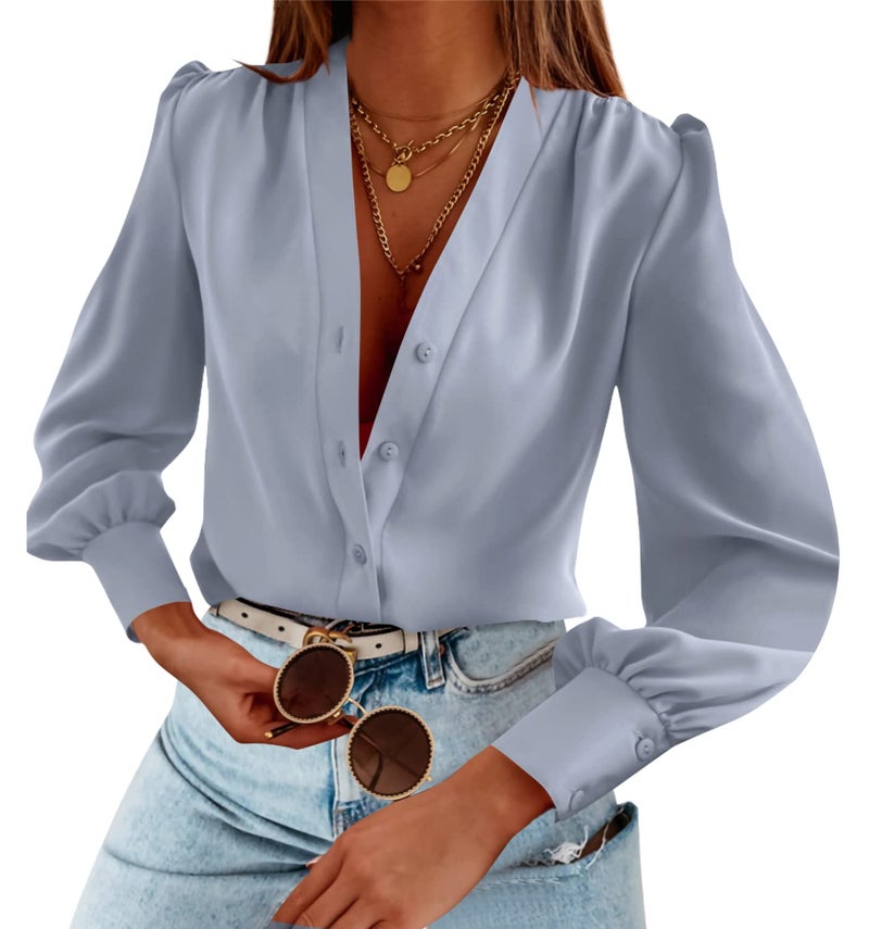 Flowyair Women's Business Casual Tops Summer Long Sleeve Button Down Shirts V Neck Chiffon Blouses - Image 1