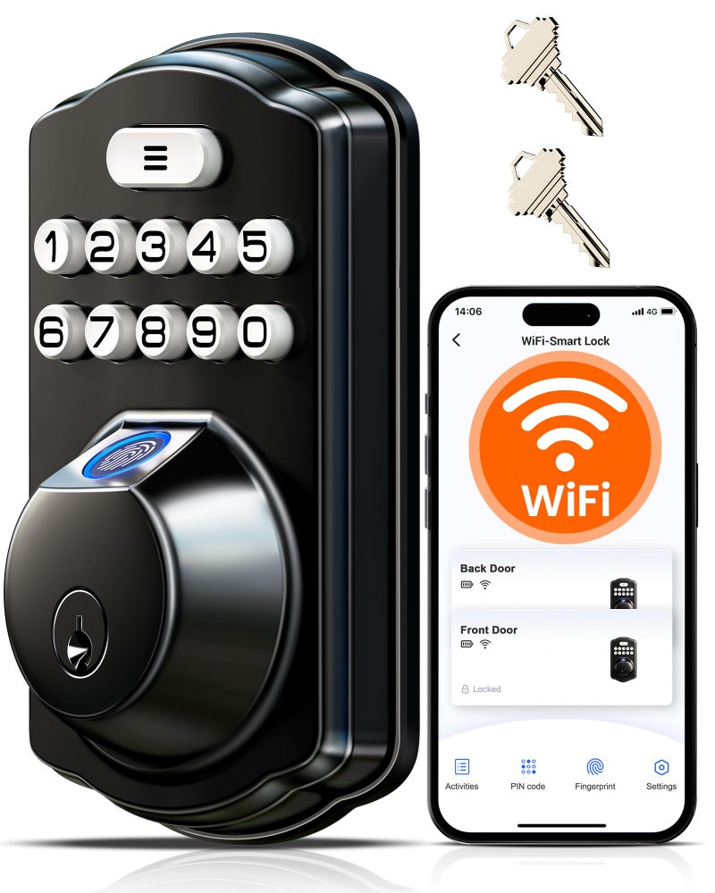 Veise VE012W Built-in WiFi Fingerprint Smart Lock, App Remote Control, Compatible with Alexa & Google Assistant, Keyless Entry for Front Door, Digital Keypad Deadbolt, Auto Lock, Matte Black - Image 1