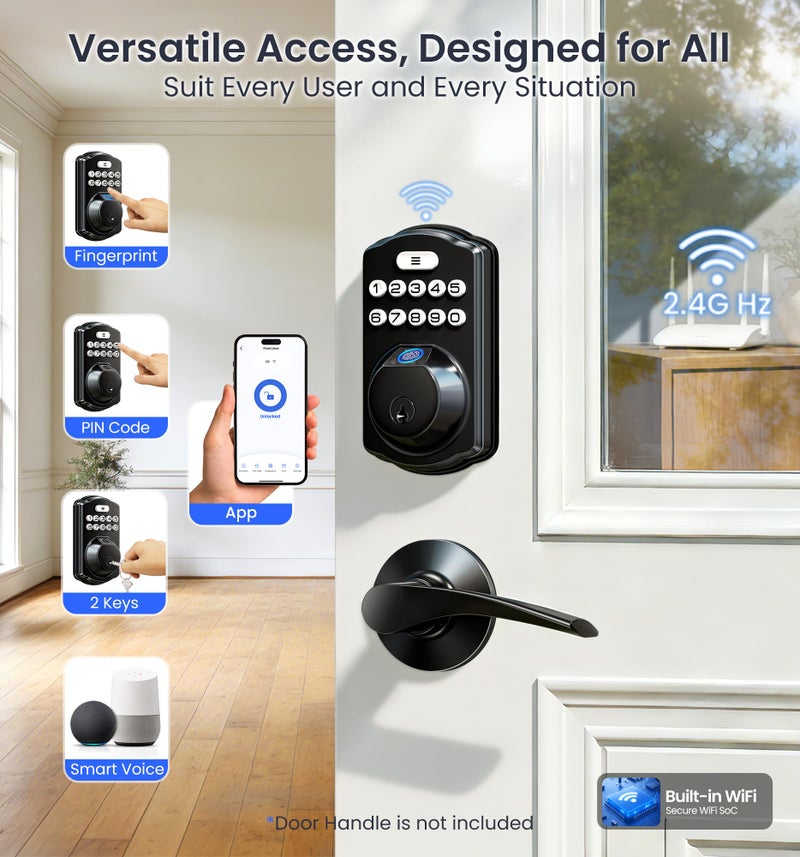 Veise VE012W Built-in WiFi Fingerprint Smart Lock, App Remote Control, Compatible with Alexa & Google Assistant, Keyless Entry for Front Door, Digital Keypad Deadbolt, Auto Lock, Matte Black - Image 2