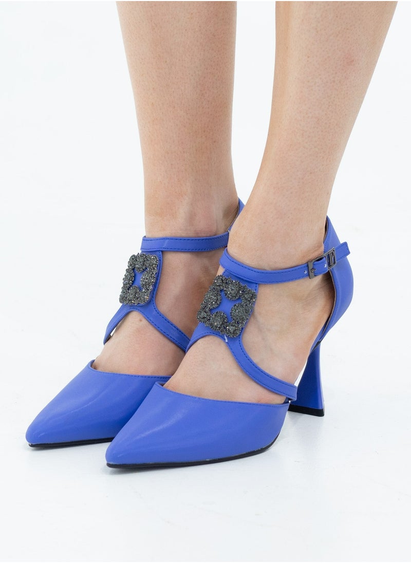 LAMARAPARIS Vaila SATIN sqr trim cross belts open waist 9cm heel pointy royal blue  - Image 2