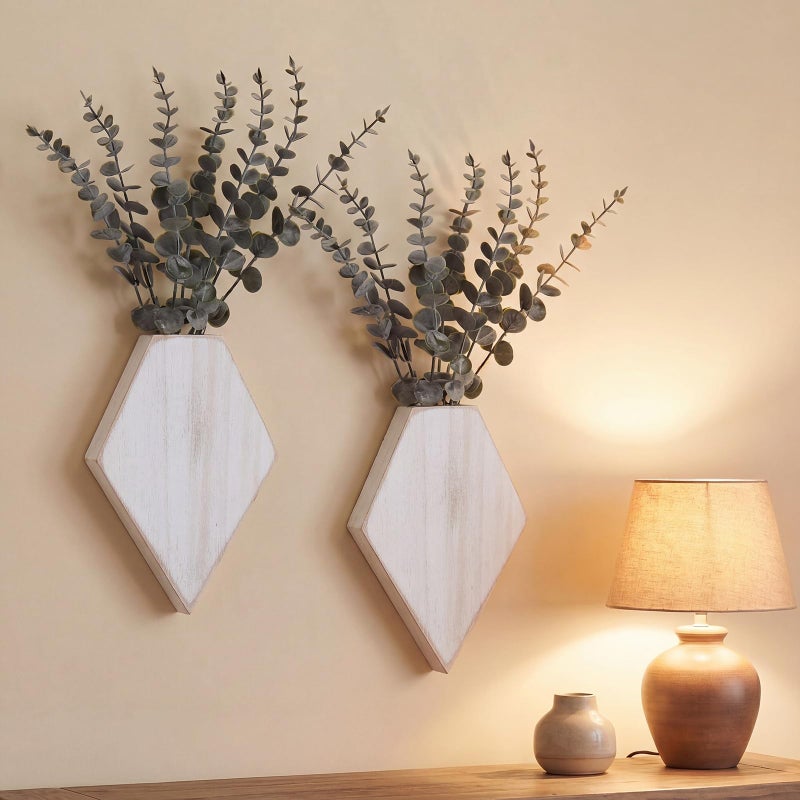 Chunful 2 Pcs Wooden Wall Planter Decor Hanging Fake Plants Greenery Flowers Holder Vase Boxes for Wall Bohemian Farmhouse Room Kitchen Office Indoor DecorationRetro White71 x 47 x 12 Inches - Image 2