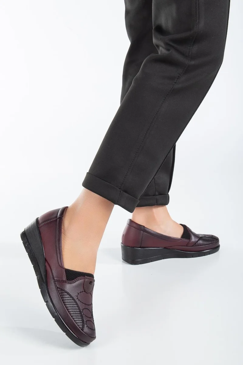 Dilimler Ayakkabı Slices Shoes Leather Embroidery Detailed Skin Burgundy Large Size Women's Shoes Casual
