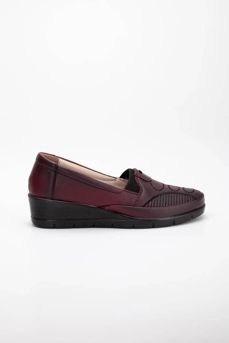 Dilimler Ayakkabı Slices Shoes Leather Embroidery Detailed Skin Burgundy Large Size Women's Shoes Casual