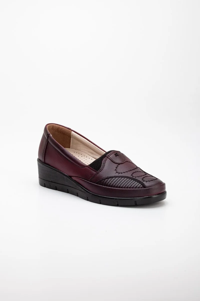 Dilimler Ayakkabı Slices Shoes Leather Embroidery Detailed Skin Burgundy Large Size Women's Shoes Casual