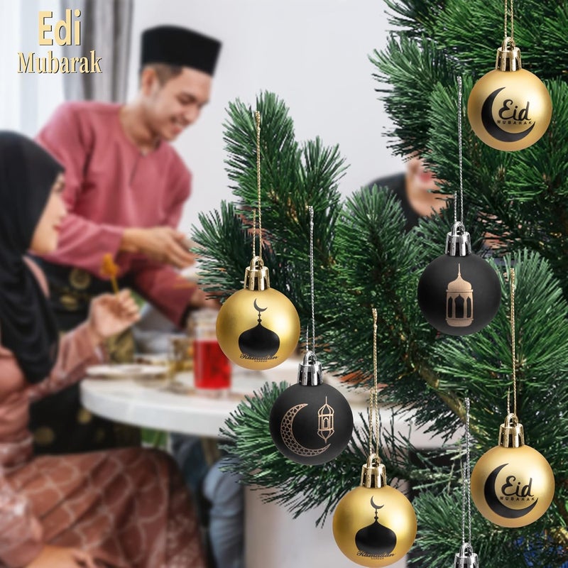 Iceyyyy 24 PCS Ramadan Ornament Ball, 1.57" Black Gold Eid Mubarak Hanging Balls, Ramadan Mubarak Ornaments for Islamic Muslim Tree Party Decor - Image 4