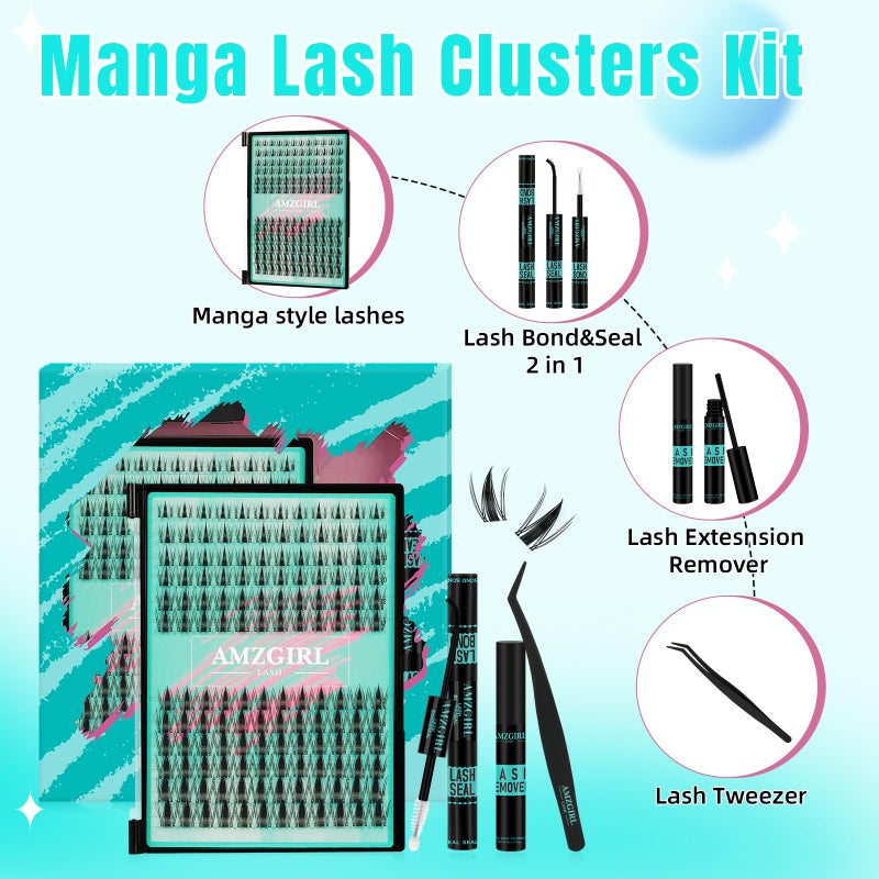 AMZGIRL LASH Manga Lash Clusters Kit 144PCS Fairy Eyelash Extension Kit with Lash Bond and Seal, Fake Eyelashes Clusters with Invisible Lash Band, Lash Glue Remover and Lash Applicators (8-16mm Kit,Black Bond) - Image 2
