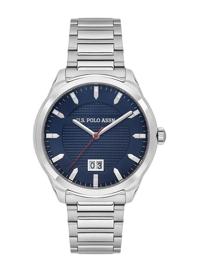 U.S. Polo Assn. U.S. Polo Assn. Fundamental 42mm Navy Blue Dial Watch with Silver Accents and Stainless Steel Band - USPA1087-05, Rugged Sophistication