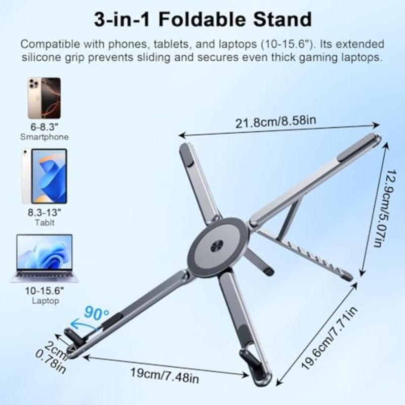 Foldable Laptop Stand for Desk, 8-Angle Adjustable Aluminum Portable Holder with Magnetic Mount, All-in-One Stand for Laptop, Tablet and Phone, Non-Slip Base, Compatible with 10-15.6 Inch Laptops - Image 2