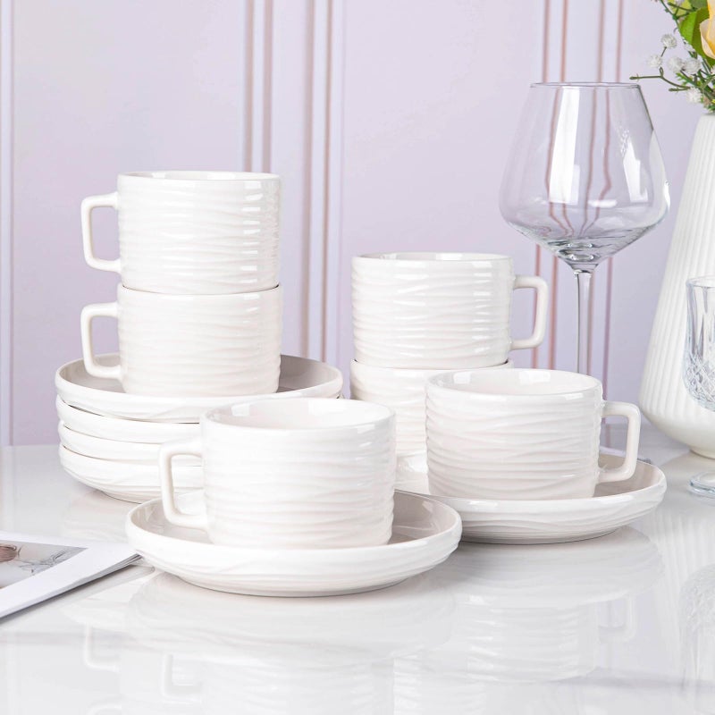CHILDIKE Cappuccino Cups with Saucers, 8 OZ White Ceramic Coffee Cups Set of 6, Good for Latte, Americano and Tea, Microwave and Dishwasher Safe, Ribbed Texture - Image 4